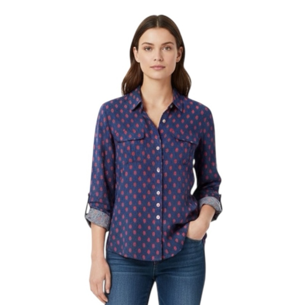 Charter Club. Size XL.  Navy Linen Blouse with Red Leaf Design